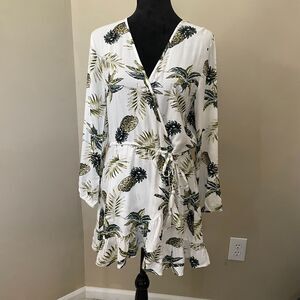 Blue Island Pineapple Tropical Dress Small White 100% Rayon Ruffled Hem Ties